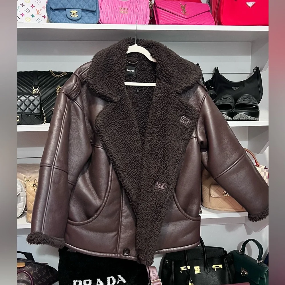 Boohoo Dark Brown Faux Leather Shearling-Trim Jacket - Picture 9 of 11